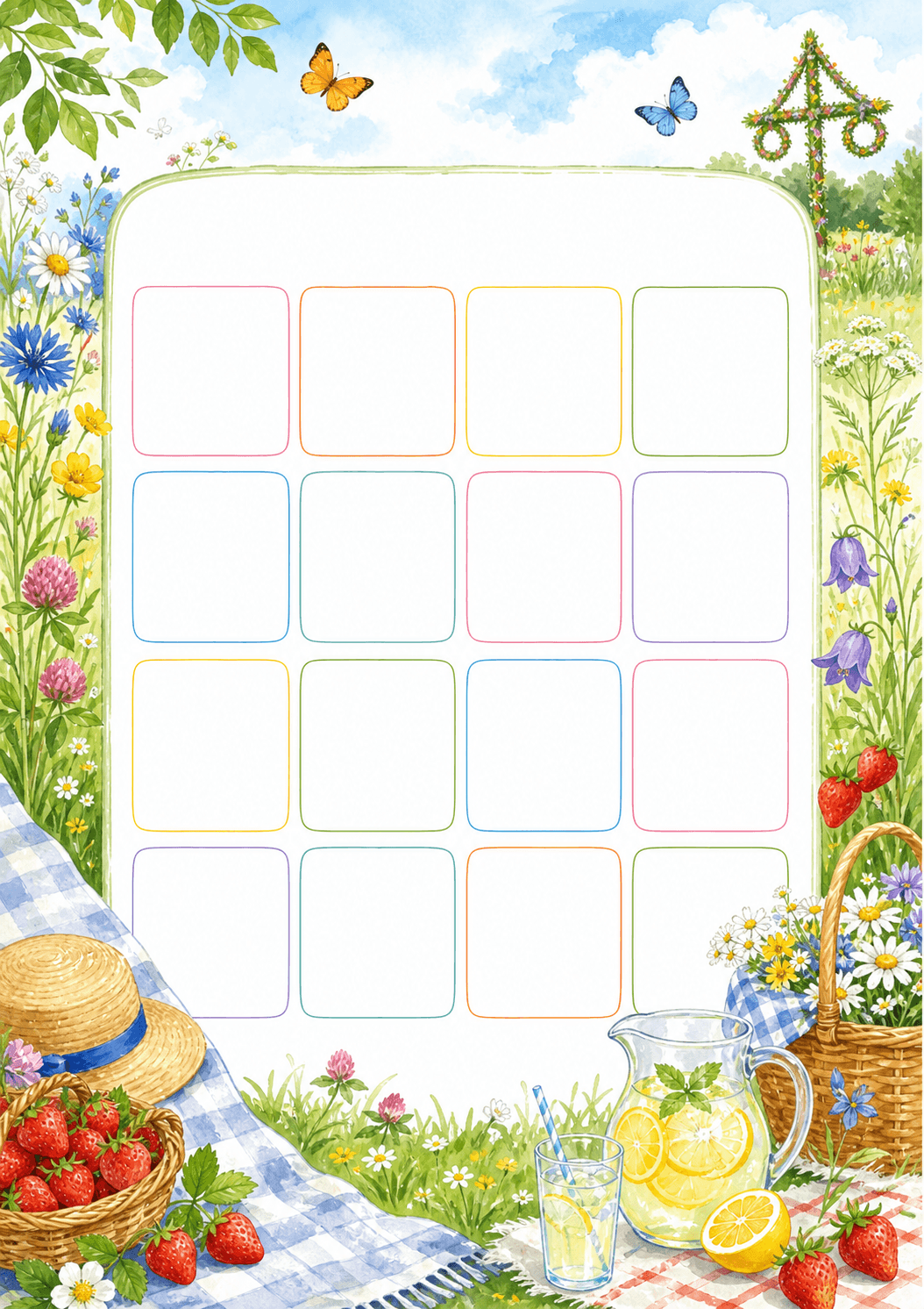 Sommarbingo med blommor, jordgubbar och picknick