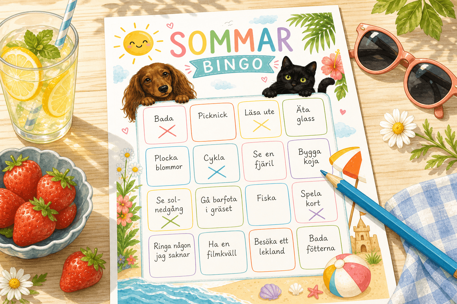 Ifyllt sommarbingo med exempelaktiviteter, penna och kryssade rutor