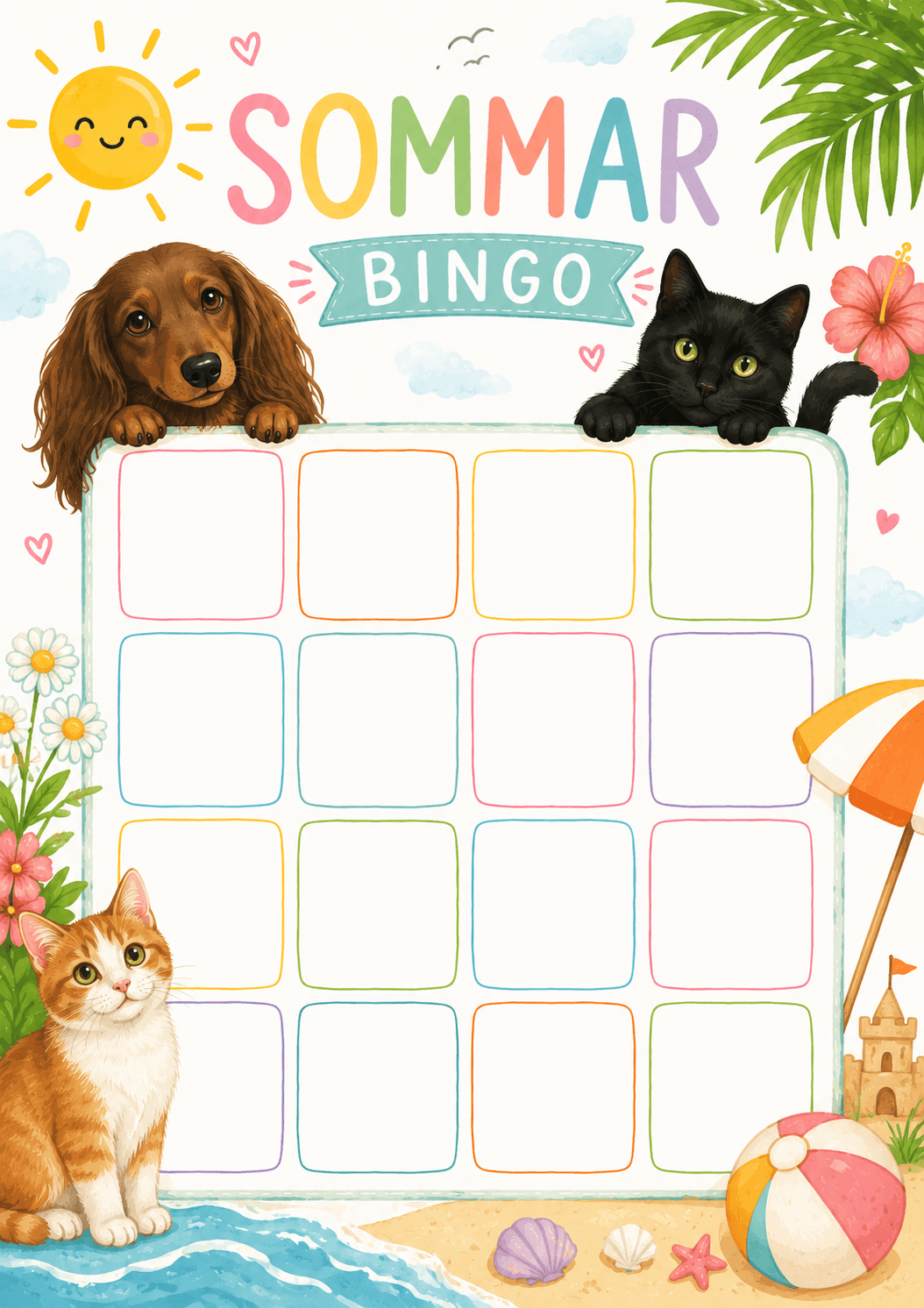 Sommarbingo med sol, strand, hund och katter