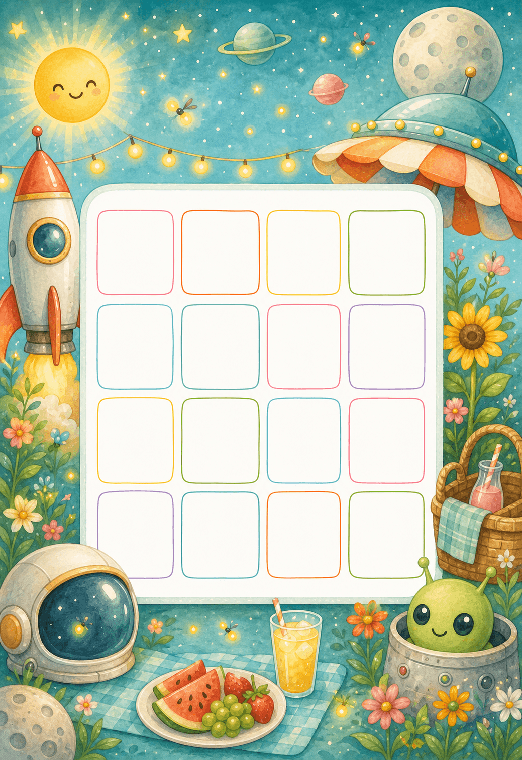 Sommarbingo med science fiction-tema, raket och planeter