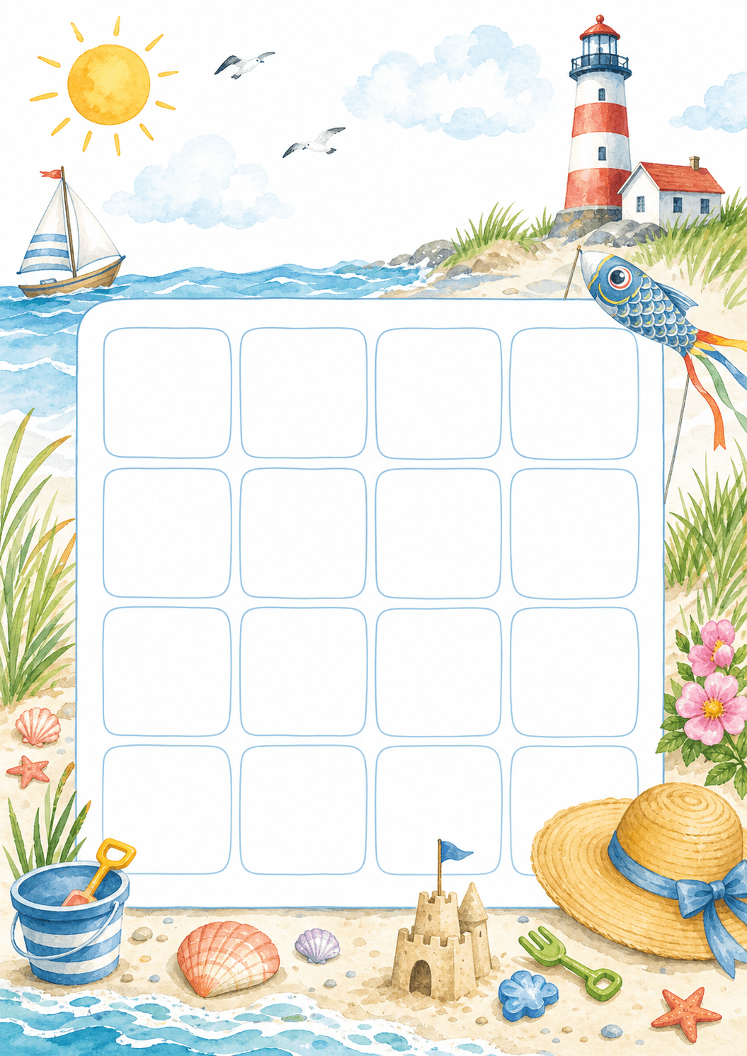 Sommarbingo med strandmotiv, fyr och snäckor