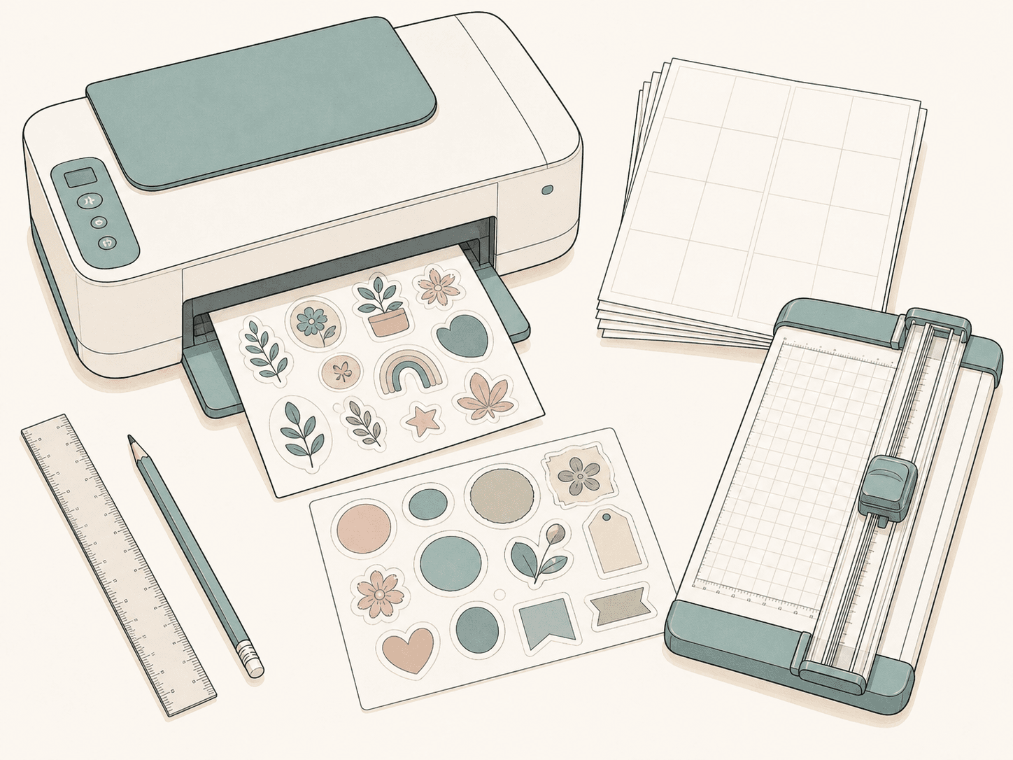 Material för kreativa hobbyprojekt med papper, skrivare och skärverktyg