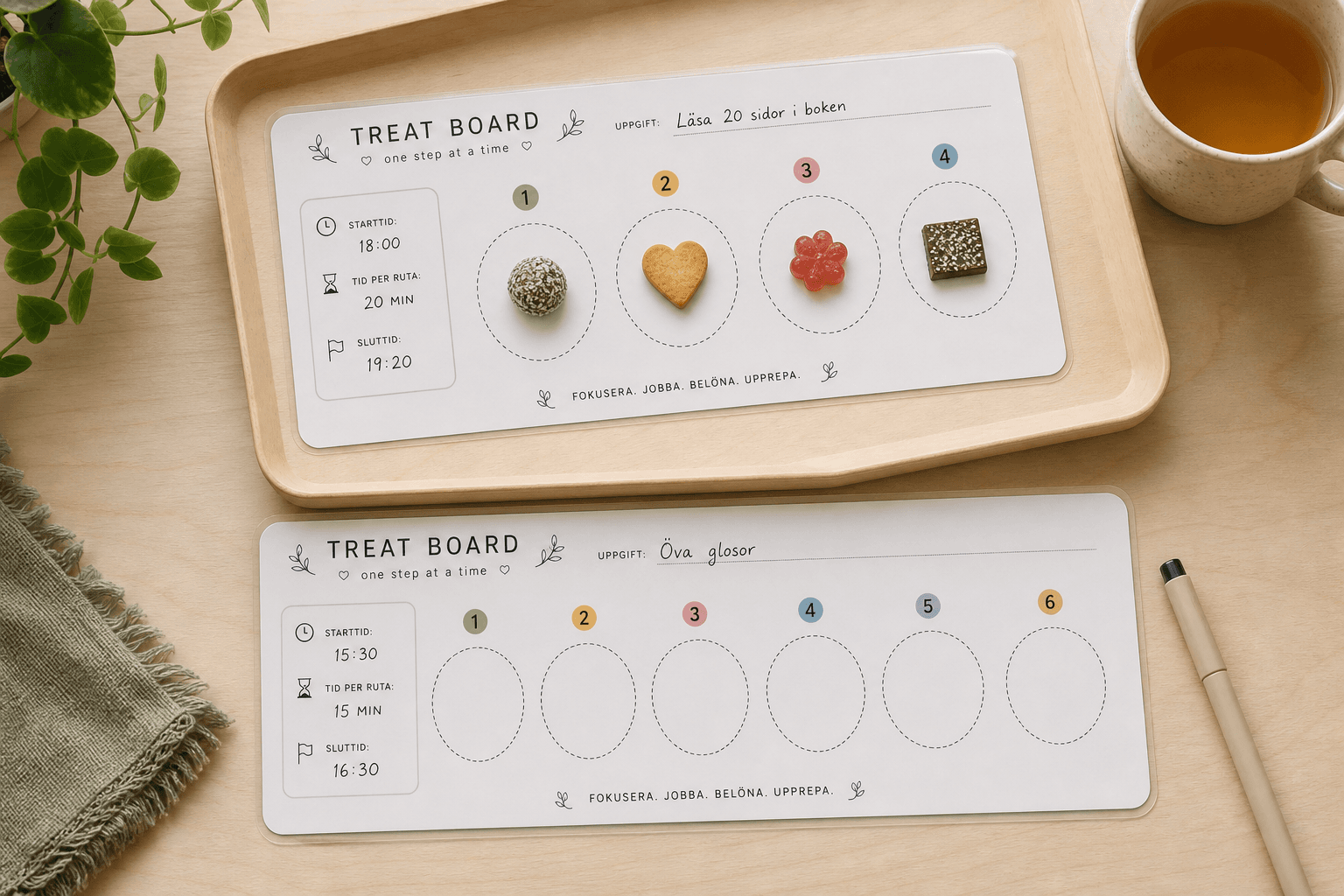 Laminerade treat-board-mallar på ett ljust bord