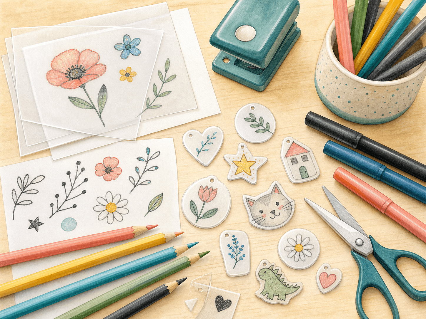 Handritade blommor och små figurer på krympplast med färgpennor, markers, sax och hålslag