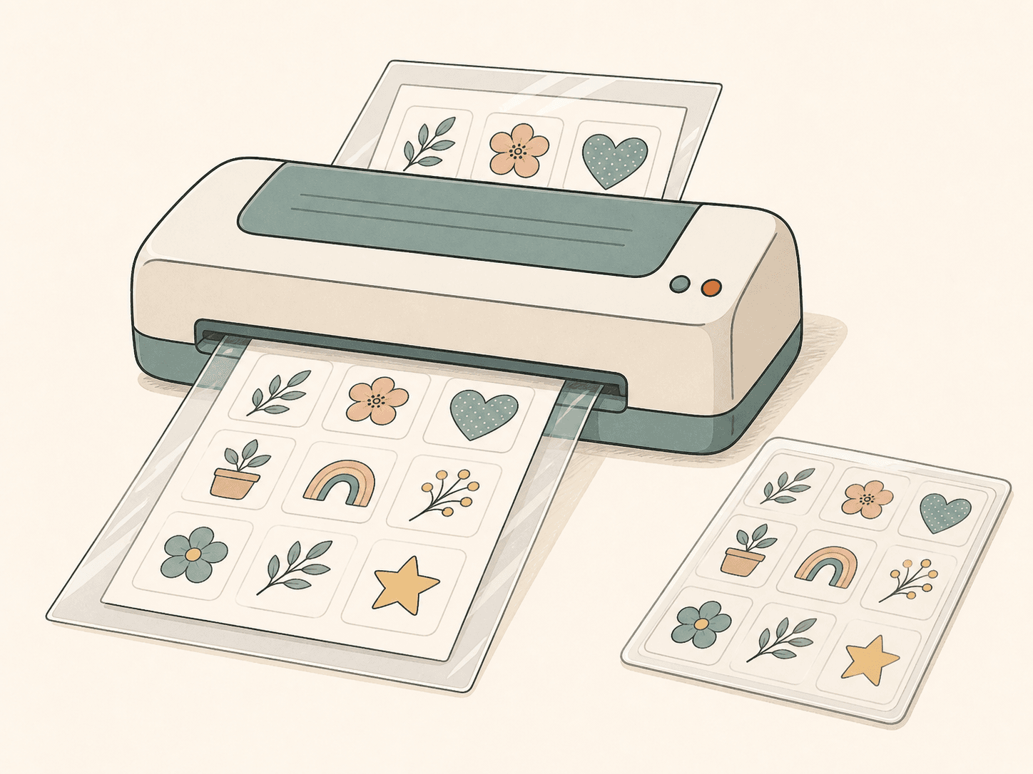 Stickerark som skyddas med plastfilm i en lamineringsmaskin